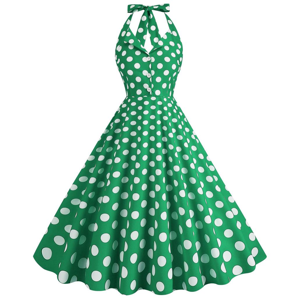 1950er Vintage Polka Dot Neckholder Rückenfreies Swing-Kleid mit Hepburn-Kragen