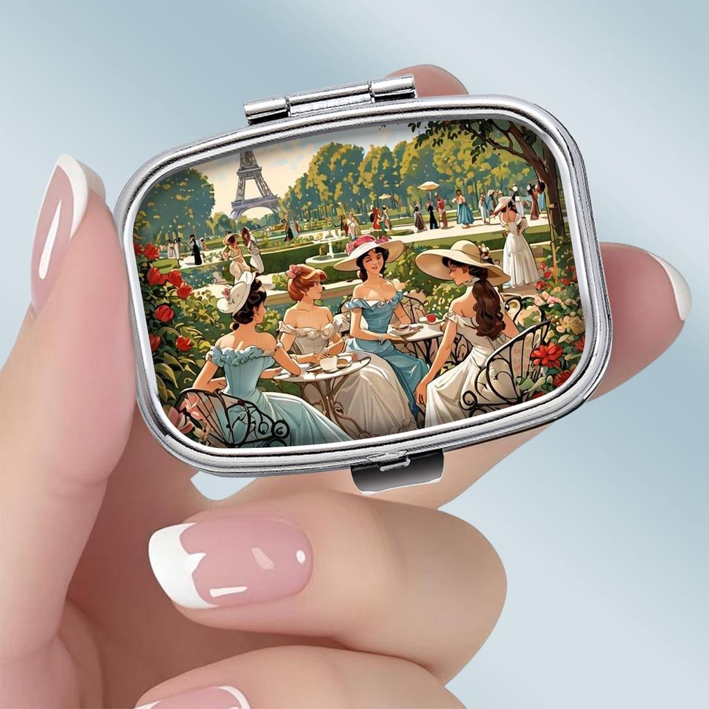 Portable Pill Box with 2 Compartments, Mini Metal Medicine Organizer Case, Cute Printed Pill Container for Vitamins, Pills, Jewelry, Travel, Daily Use