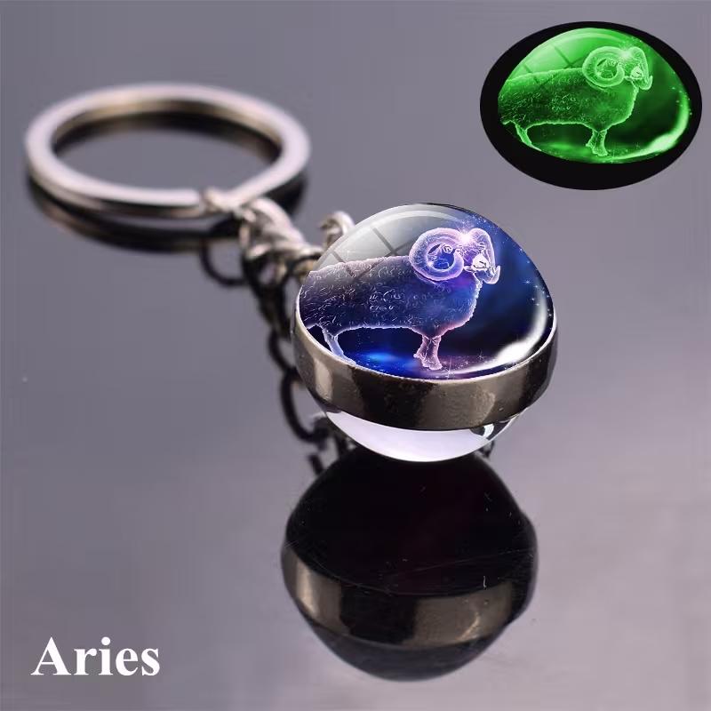 12 Constellations Glass Ball Keychain Zodiac Pendant Key Ring for Women Men