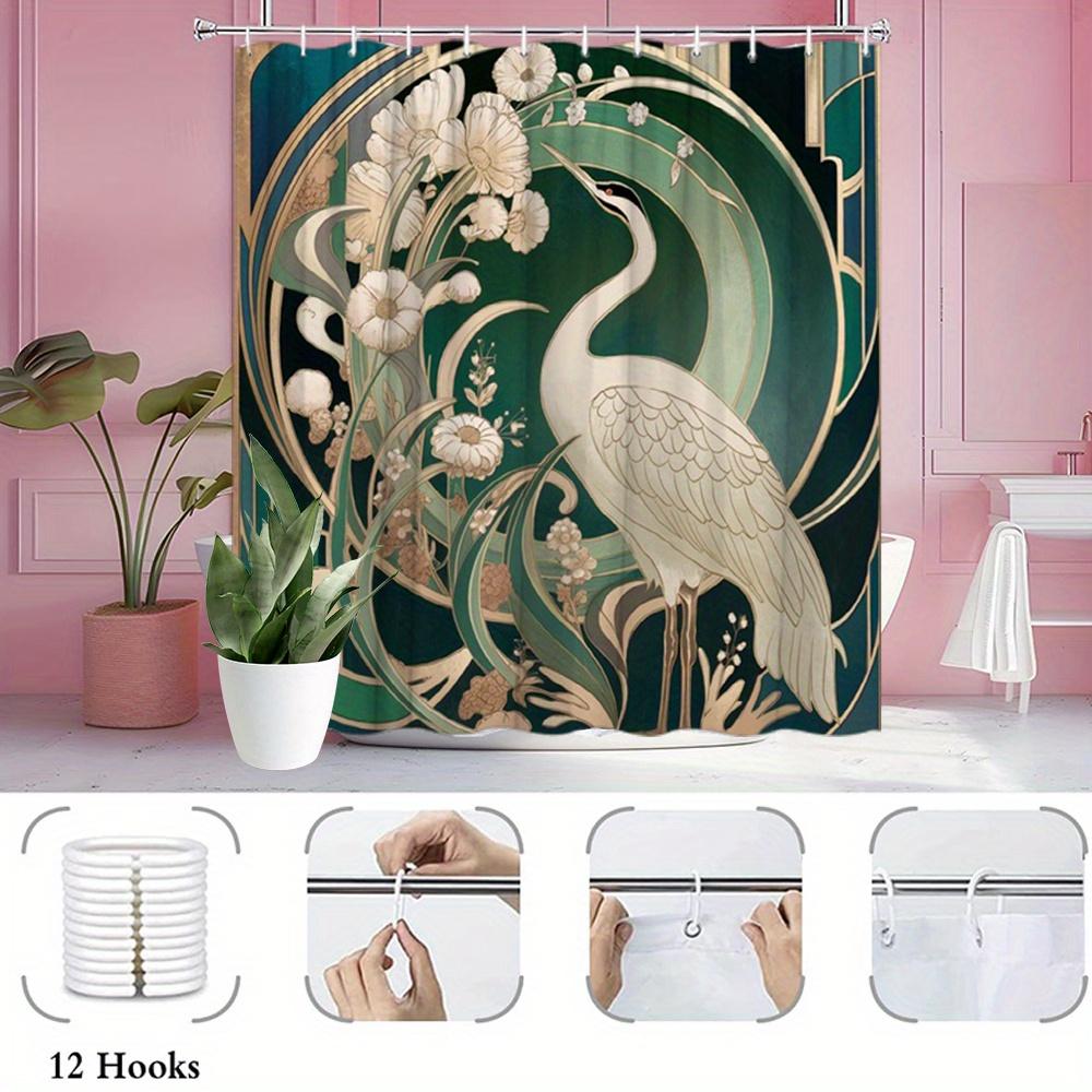 Elegant Shower Curtain With White Crane And Green Leaves Art Nouveau With 12 Hooks, Decorative Shower Curtain For The Bathroom