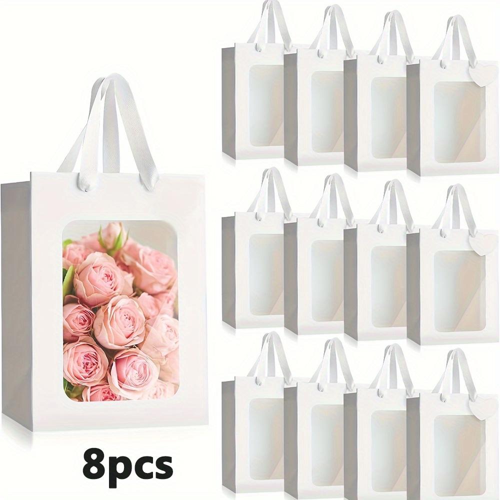 8pcs Gift Bags with Transparent Window Handles White/ Pink Gift Wrap Tote Bags for Birthday Party Favor Bags Weddings Present Festivals Party