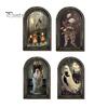 Halloween Desktop Ornament Arched Wooden Wall Decor, Ghost Cat Hanging Ornament, Distressed Gothic Solid Wood Frame Tabletop Decor Plaque, Spooky Home