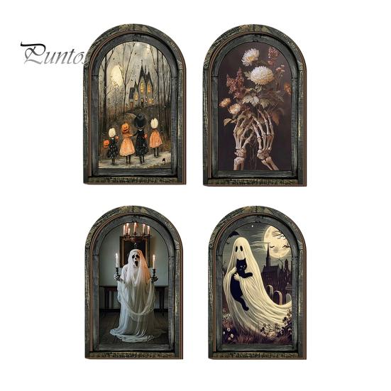 Halloween Desktop Ornament Arched Wooden Wall Decor, Ghost Cat Hanging Ornament, Distressed Gothic Solid Wood Frame Tabletop Decor Plaque, Spooky Home