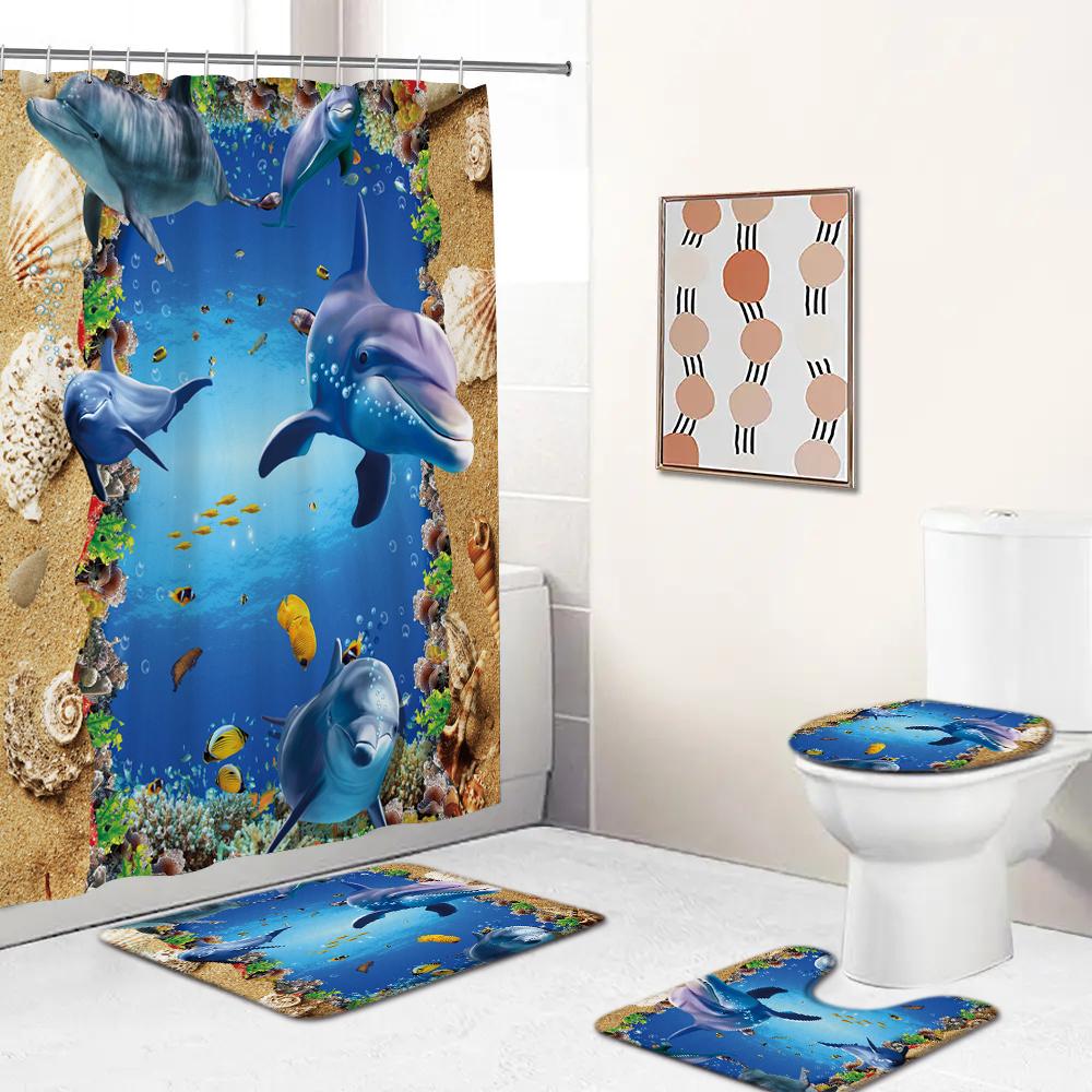 Ocean Creature Fish Dolphin Printed Shower Curtain Set With Rugs Waterproof Bathroom Curtain Anti-Slip Toilet Carpet Home Decor
