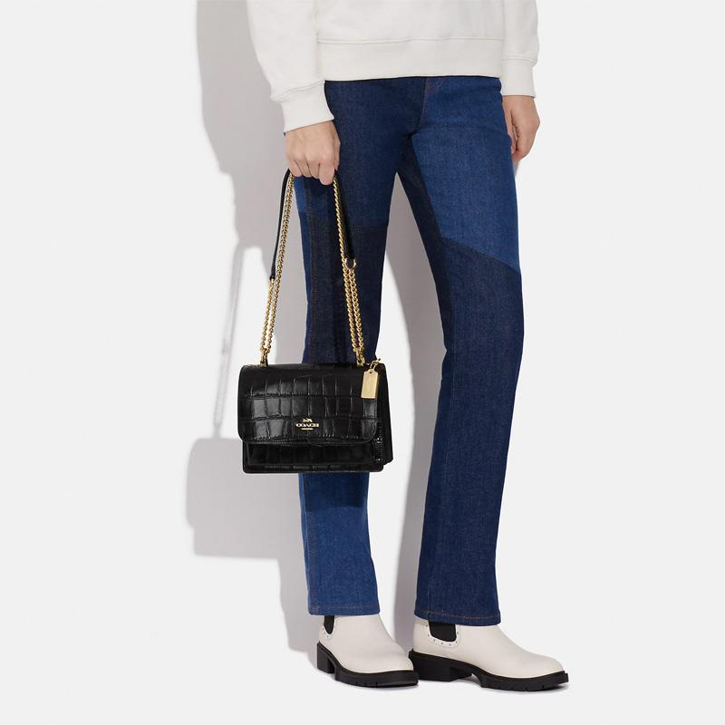 New COACH Klare Crocodile Pattern Embossed Leather Small Square Bag Shoulder Bag Crossbody Bag Medium Size Women's Black CC840-IMBLK
