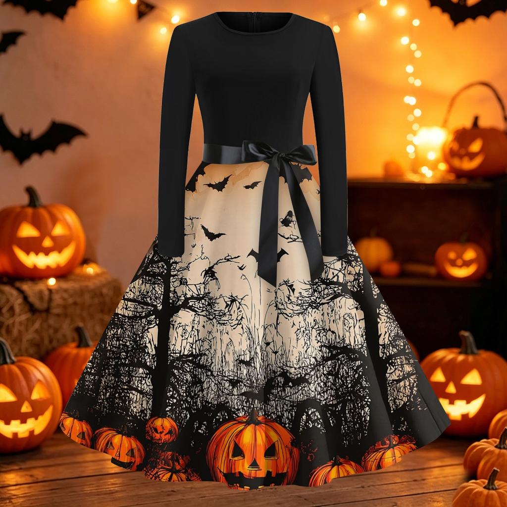 Women's Vintage Halloween Print Round Neck Casual Dress for Everyday Wear