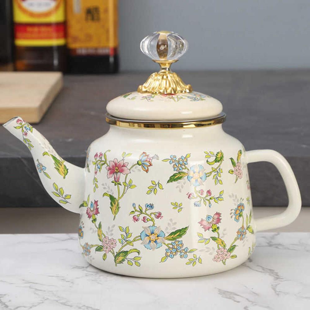 

Chinese ethnic style porcelain enamel milk tea pot, Household enamel tea kettle, Induction cooker boiling water kettle, 1.2L