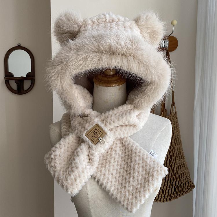 Hat, Scarf, Integrated Pullover Hat, Women's Winter Hairy Ears, Cycling Hat, Dual-purpose One-piece Hat, Cross Neck Hat
