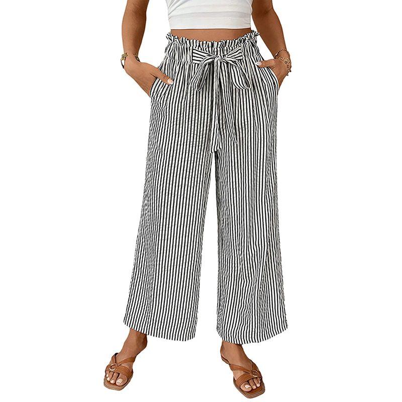 American Shiying Stripe Print High Waist Straight Pants Women 2025 Summer New Loose Lace-up Casual Pants Women