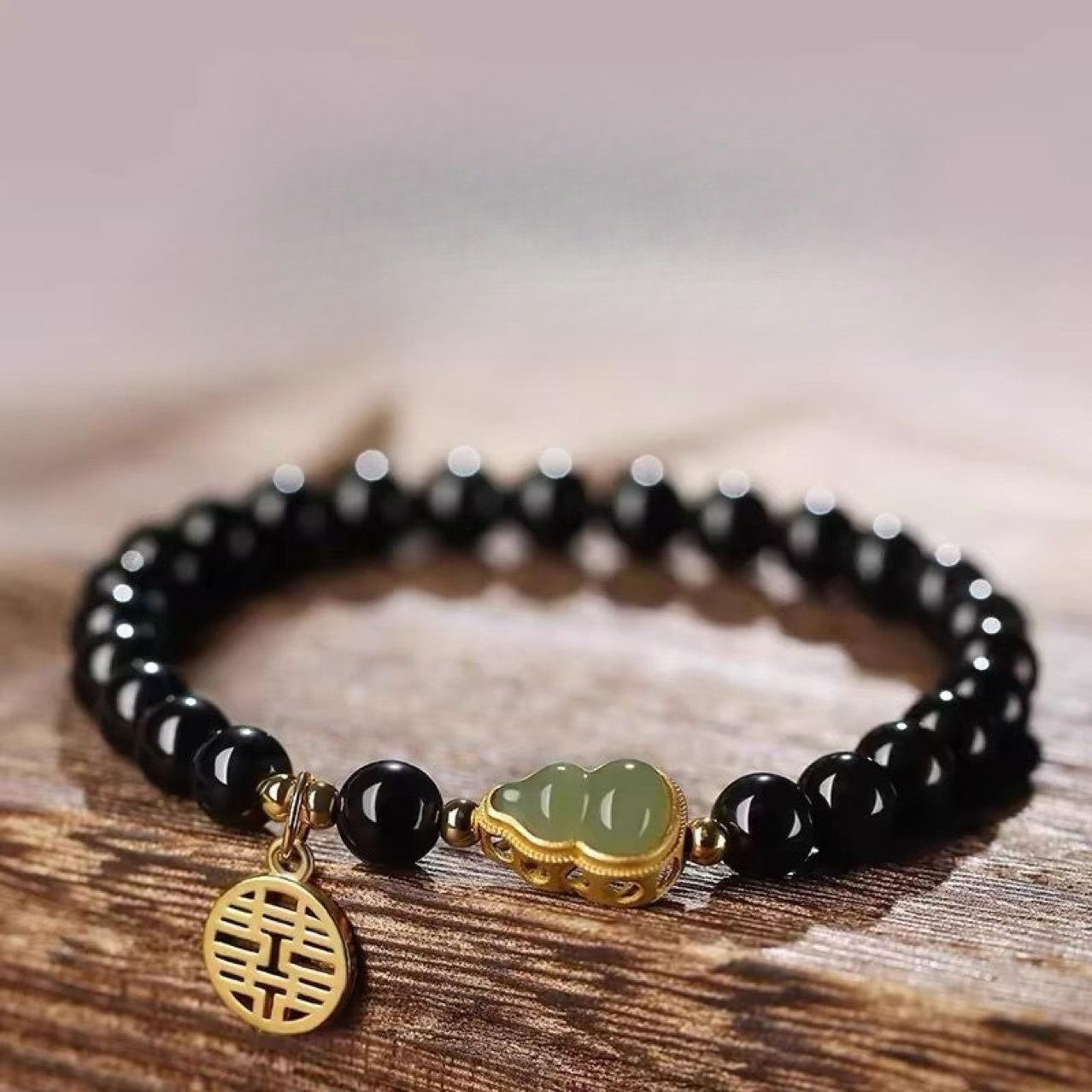 Unisex Hetian Jade Obsidian Bracelet, Gourd & Fu Character, Ethnic Style