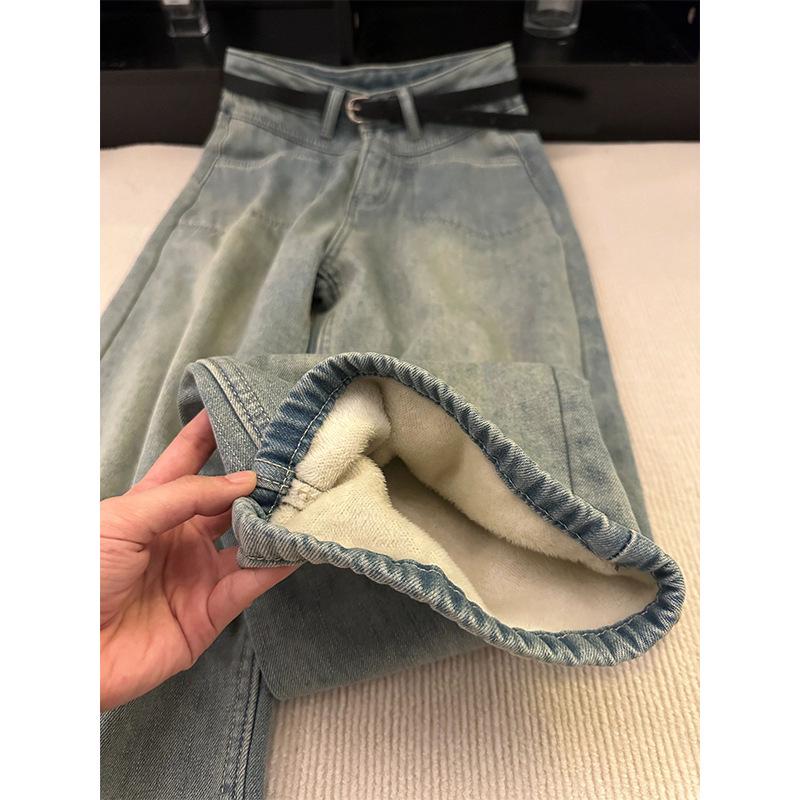 Vintage Velvet High-Waisted Jeans for Women - Winter Slimming, Plus Size, Straight Leg, Pear Shape, Loose Fit.