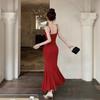 Sexy royal sister wind lace suspender V-neck dress women's summer temperament tight dress hip fish tail dress
