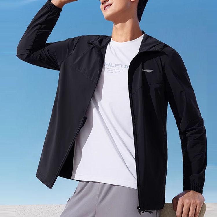 Li Ning Running Series UPF50+ Solid Color Zipper Hooded Sun Protection Jacket Men Jackets Black AFDT185-1