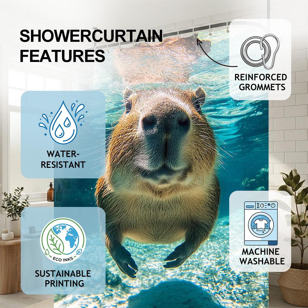 Funny Underwater Capybara Shower Curtain, Cute Animal Swimming Art, Bubbles & Blue Ocean Aesthetic Bathroom Decor