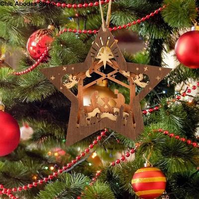 Eco-friendly Wooden Nativity Scene Star Ornaments Star Shaped Hollow Nativity Scene Pendants Hanging Christmas Decoration Family