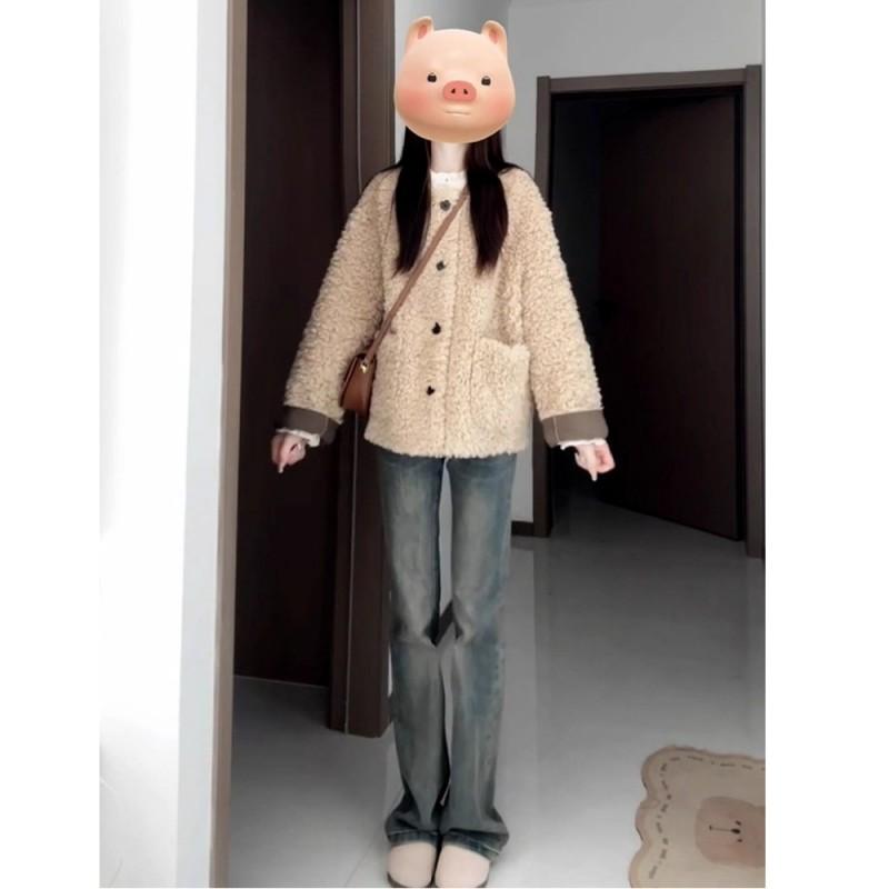 Womens Korean Fleece Jacket Solid Color Loose Fit Open Front Long Sleeve Coat