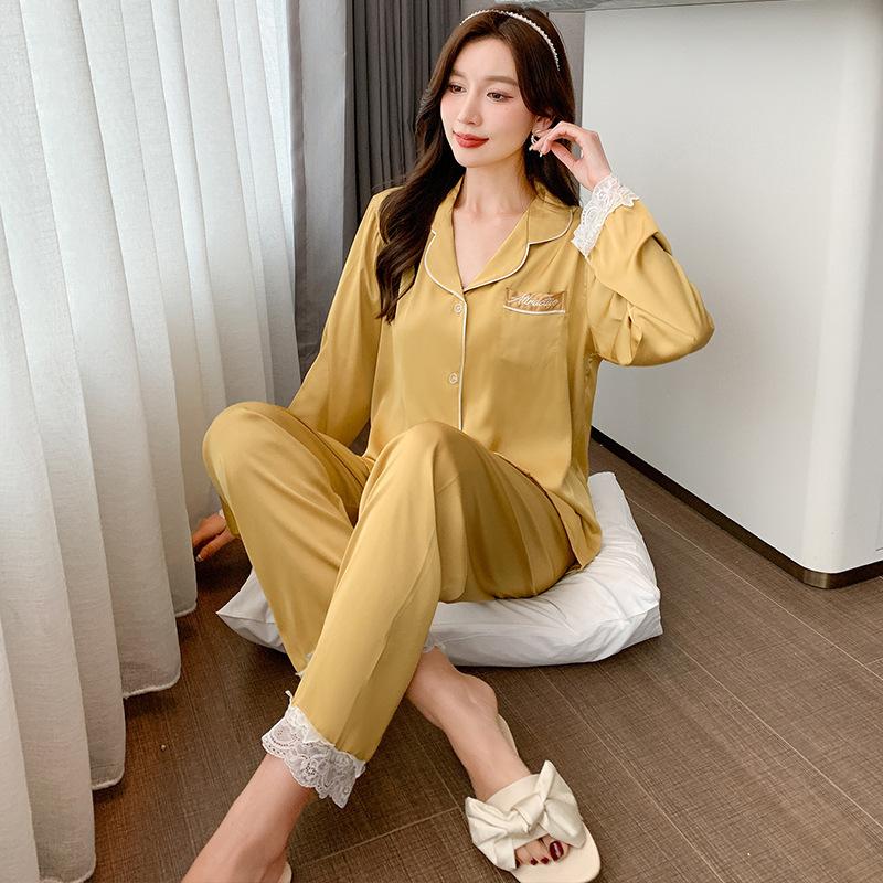 Pajamas women's spring and autumn thin ice silk long-sleeved two-piece set small fresh satin chiffon loungewear simple and casual