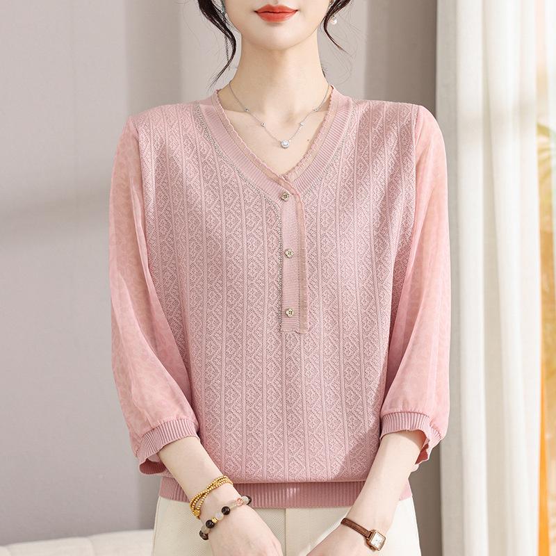 V-Neck Solid Color Knit Sweater T-Shirt for Women - Stylish Spring/Summer Sheer Sleeve Top for Middle-Aged and Elderly
