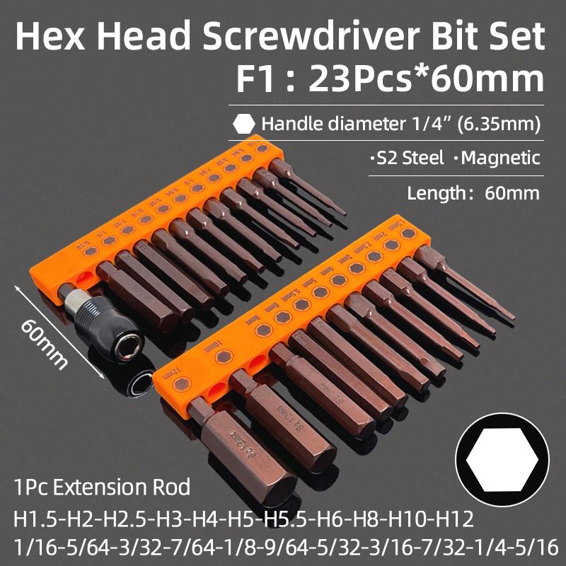 Hex Bit Set Head Allen Wrench Screwdriver Bit Set SAE Metric Hex Shank Magnetic Screw Driver S2 Steel Electric Drill Hand Tools