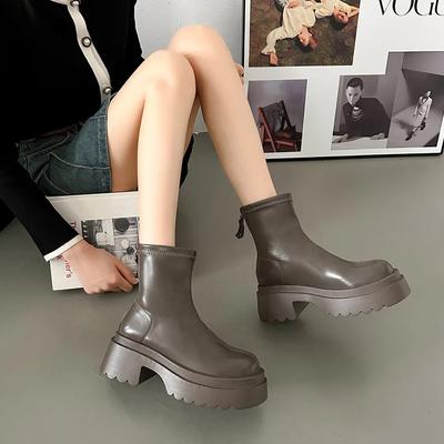 Stivali alla Moda Primavera e Autunno da Donna a Punta Rotonda con Fondo Spesso e Tacco Grosso con Cerniera Stivaletto Singolo