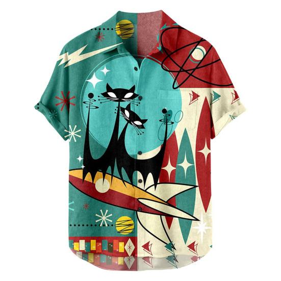Men Beach Shirt 3D Cartoon Print Color Matching Short Sleeves Single-breasted Cardigan Beachwear Loose Turn-down Collar Summer Vacation Shirt