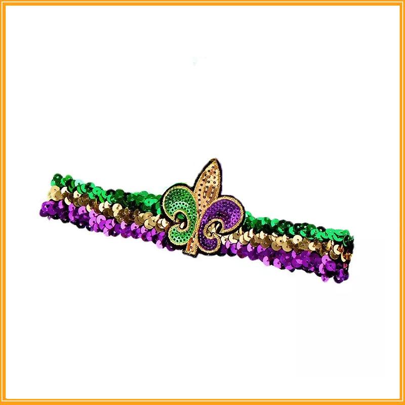 MD Carnival European American Sequin Headband Mardi Gras Party Tricolor Purple Green Yellow Hair Accessory 3x40cm