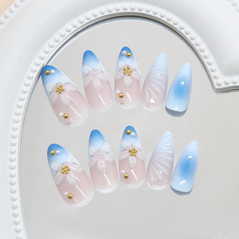 Three-dimensional Fresh Blue Gradual Change French Ice Through Lily Pearl Niche Removable Manicure Piece 24pc