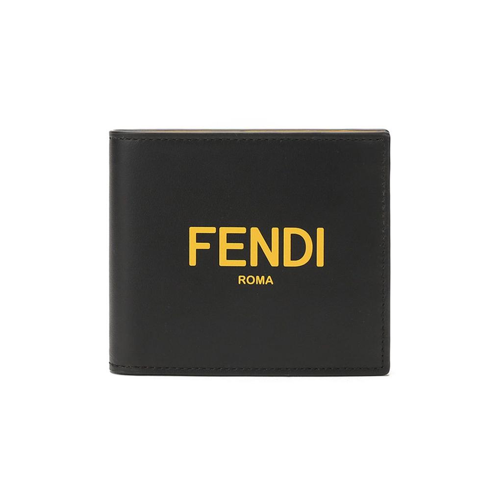 Fendi Logo Print Short Double Fold Calfskin Wallet Men Wallet Black Yellow 7M0169ADM8F0R2A