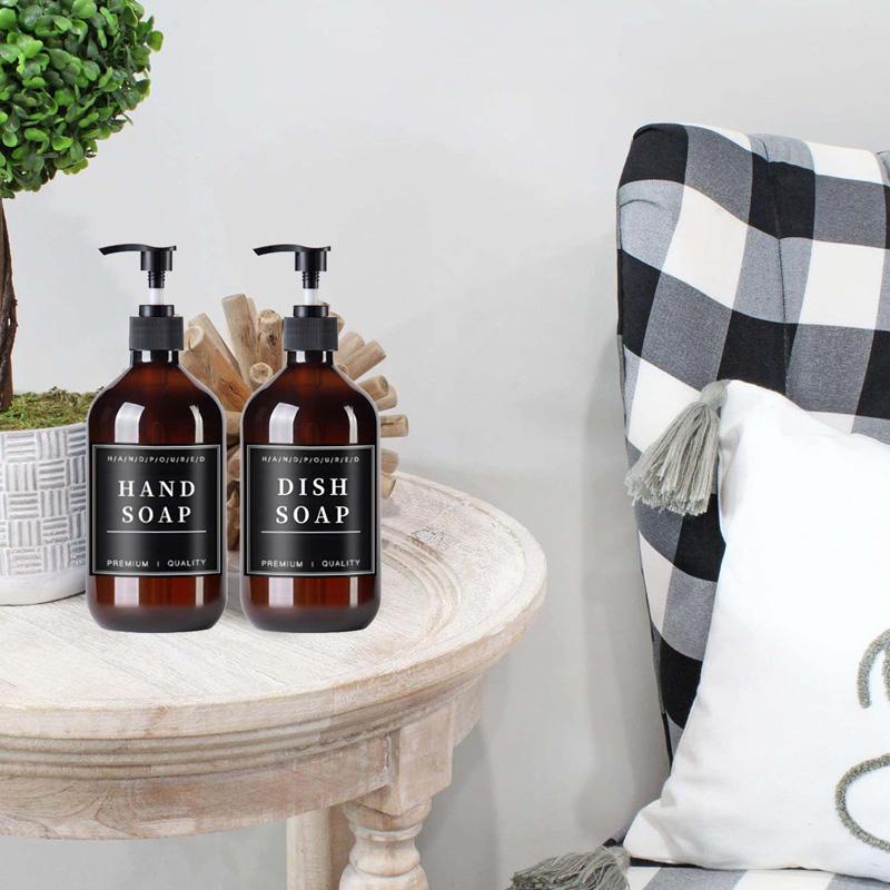 500ML 2 Τεμάχια Κεχριμπαρένι Επαναγεμιζόμενα Μπουκάλια Σαμπουάν και Conditioner Διανομείς Αφρόλουτου Μπουκάλι Σαπουνιού Μπουκάλι Λοσιόν Ντους Δοχείο Υγρού με Ετικέτες