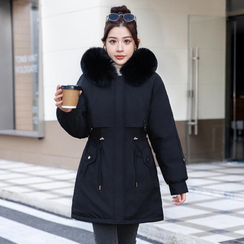 Winter Clothing with Large Fur Collar, Medium To Long Style, Overcoming Cotton Jacket, Women's Fashionable Plus Velvet Cotton Jacket