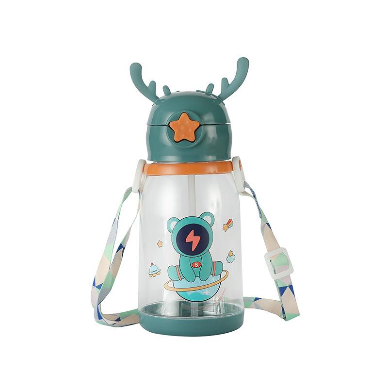 Cartoon Reindeer Antler Plastic Cup With Handle And Straw Large Capacity Student Gift Water Bottle For Kids KTY