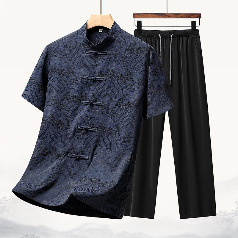 High-Quality New Style Tang Suit: Summer Silk Attire for Middle-Aged and Elderly Men