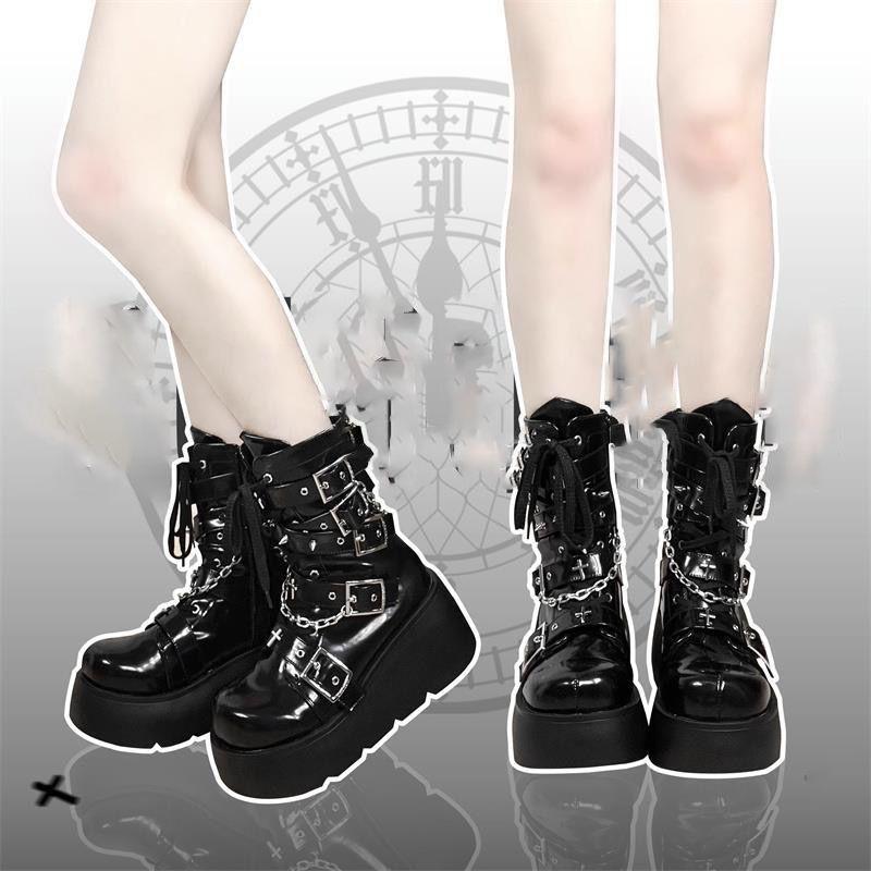 Muffin Belt Buckle Punk Medium Boots Spice Girls Platform Boots 2025 Autumn New Wedge Heel Raised Martin Boots Women