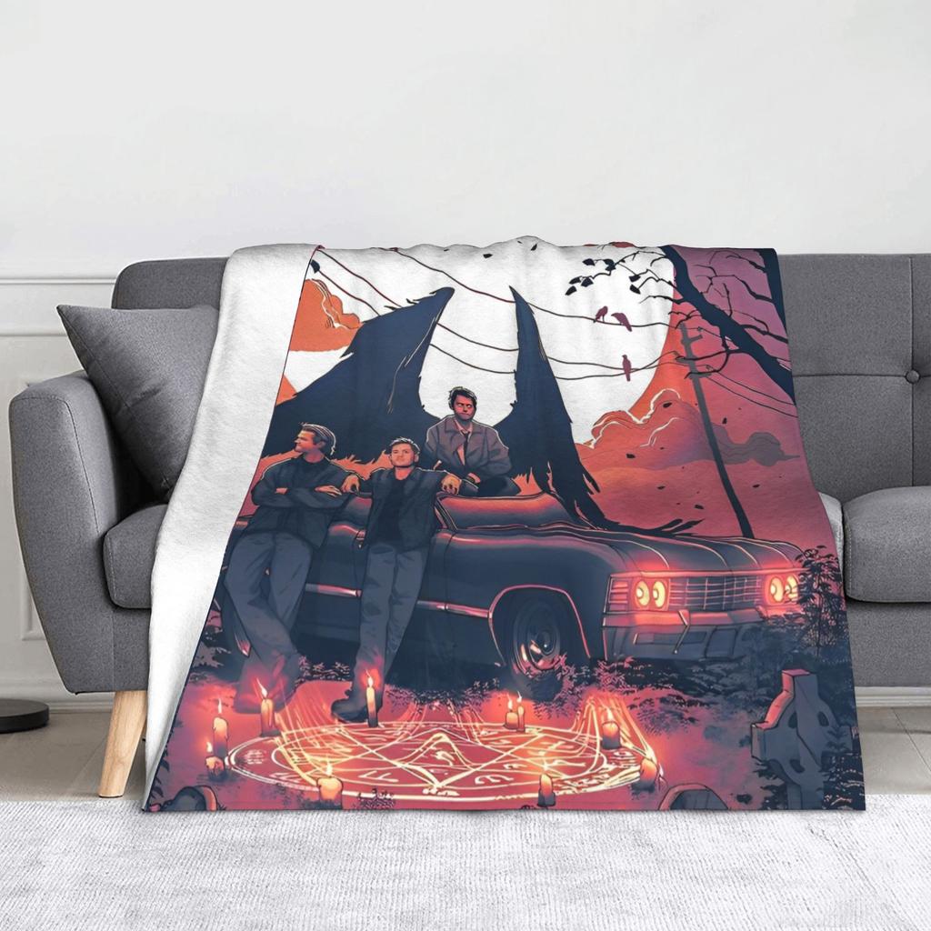 Sam Winchester Dean Winchester Castiel Blanket Cover Velvet Supernatural Movie Wings Thin Throw Blankets for Bedroom Sofa Quilt
