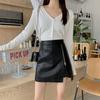 High Waist Korean Style PU Leather A-line Skirt - Autumn/Winter Short Hip Wrap