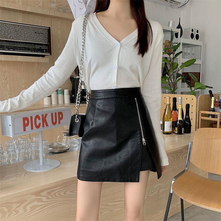 High Waist Korean Style PU Leather A-line Skirt - Autumn/Winter Short Hip Wrap