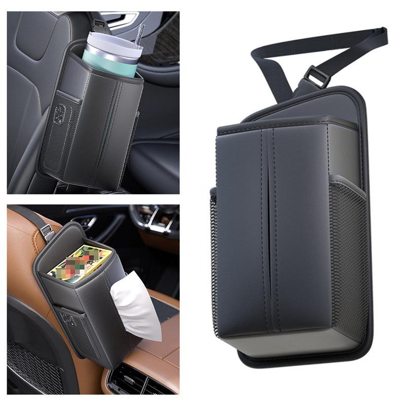 Front Seat Car Tissue Box Can Hold Mobile Phones And Cards Tissue Holder Headrest Organizer With 2 Side Mesh Pockets Leather