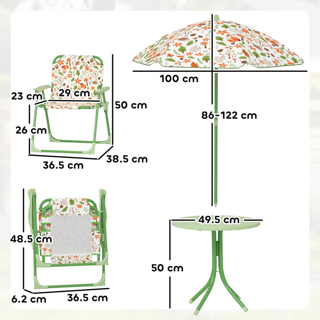 Garden Set for Children Ages 2-5 with Round Table, 2 Folding Chairs and an Umbrella, Green