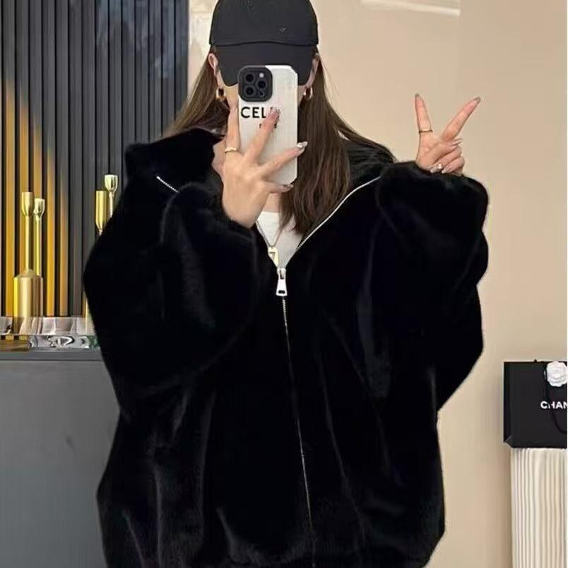 Plush Hooded Sweatshirt Jacket Women Autumn Winter Korean Style Loose Fleece Lined Thick Top