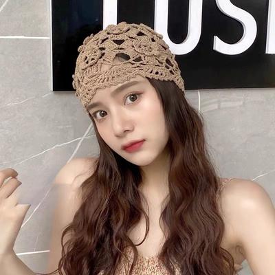Chapeau d'hiver pour femme fait main style coréen tissé fin ajouré respirant tricot mode laine chapeau peau de melon élégant bandeau de tête bonnet