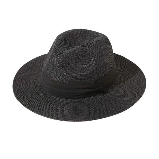 Panama Hat Women Men Wide Brim Straw Beach Hat Ribbon Decor Breathable Elastic Fit Summer Sun Hat Vacation Accessory