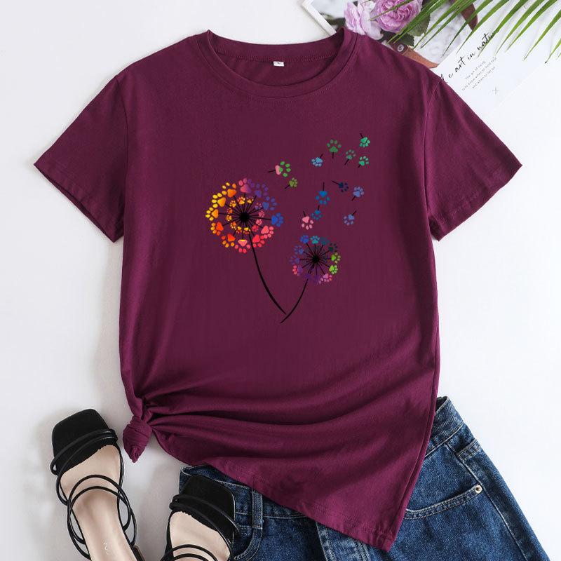 Summer Round Neck Colorful Dandelion Pattern Printed Top Fashionable Casual Short Sleeved Women's Pure Cotton T-shirts