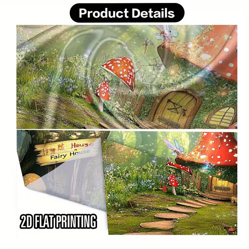 2D Whimsical Fairy Tale Forest Tapestry with Mushroom Cottage