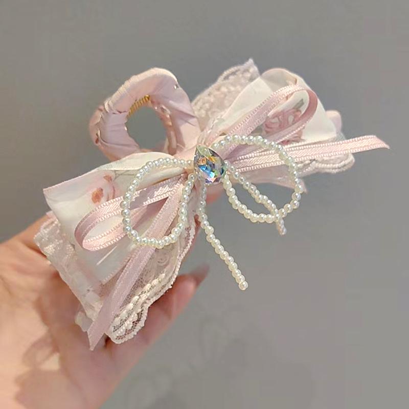 Elegant Pearl Rhinestone Bow Claw Clip: High-End Women's Shark Clip for Voluminous Updos