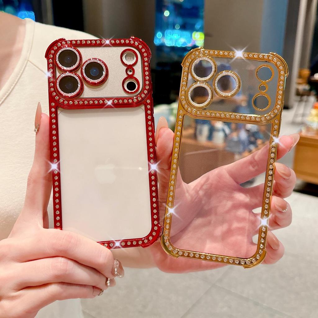Apple 17 Pro Max Four-Corner Airbag Anti-Drop Instant Case for iPhone 16 with Rhinestone Glitter and Lens Film