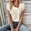 Літня Елегантна Блуза з Короткими Рукавами-Пелюстками, Діагональний Комір, Жіночий Солодкий Топ, Новий Однотонний, Гудзики, Вільний, Повсякденний, Проста Сорочка, Плісирований Жіночий Одяг