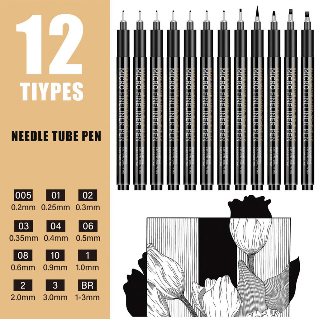 12Pcs Waterproof Fine Liner Pen Artist Sketching Tool For Artists Student Technical Drawing Creative Art Illustrations