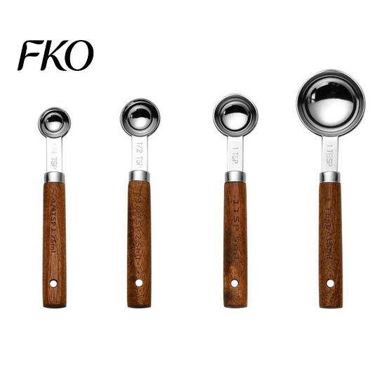 Solid Wood Handle Spoons 4Pcs Gold-Plated Stainless Steel Measuring & Cups Set, Precision Baking Tools with Non-slip Grip Handle, Nested B