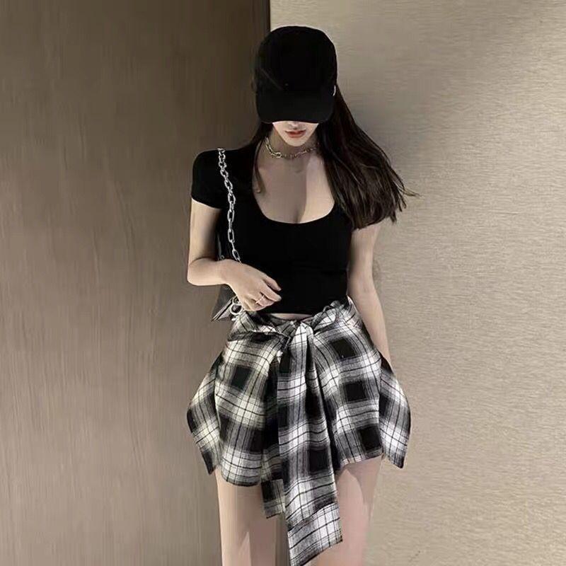 Fashion Suit Sexy U-neck Short-sleeved T-shirt Top High-waisted Plaid Fake Two-piece Waist Skirt Shorts Two-piece Set S