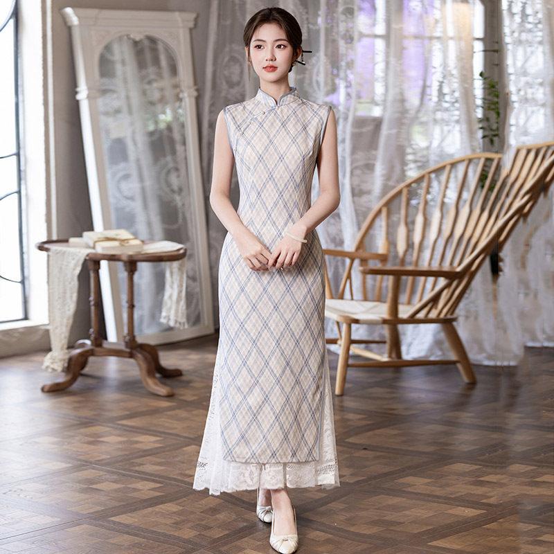Sleeveless Plaid National Style New Chinese Style Suzhou Long Cheongsam Improved Young 1011 New Women's High Sense Summer